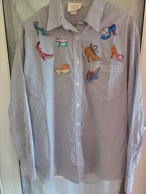 Tia Designs Blue & White Striped Button-Down Shirt Colorful Shoe Patches. Sz XL
